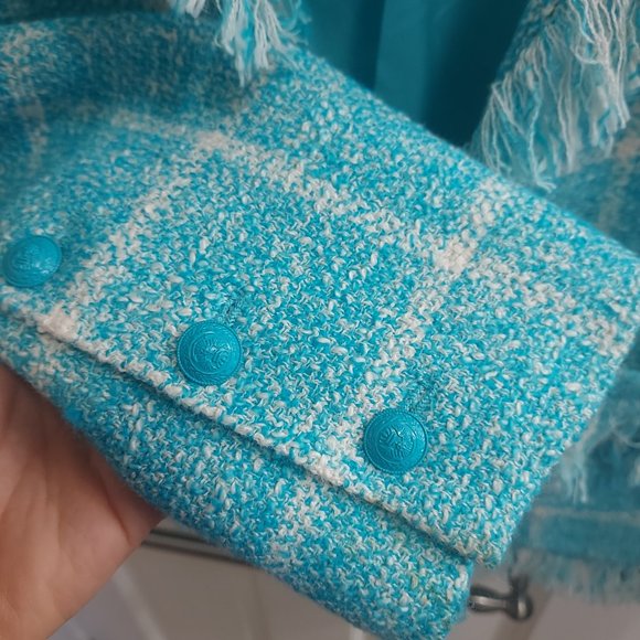 L'AGENCE Blue White Angelina Fringe Tweed Blazer - Picture 6 of 11